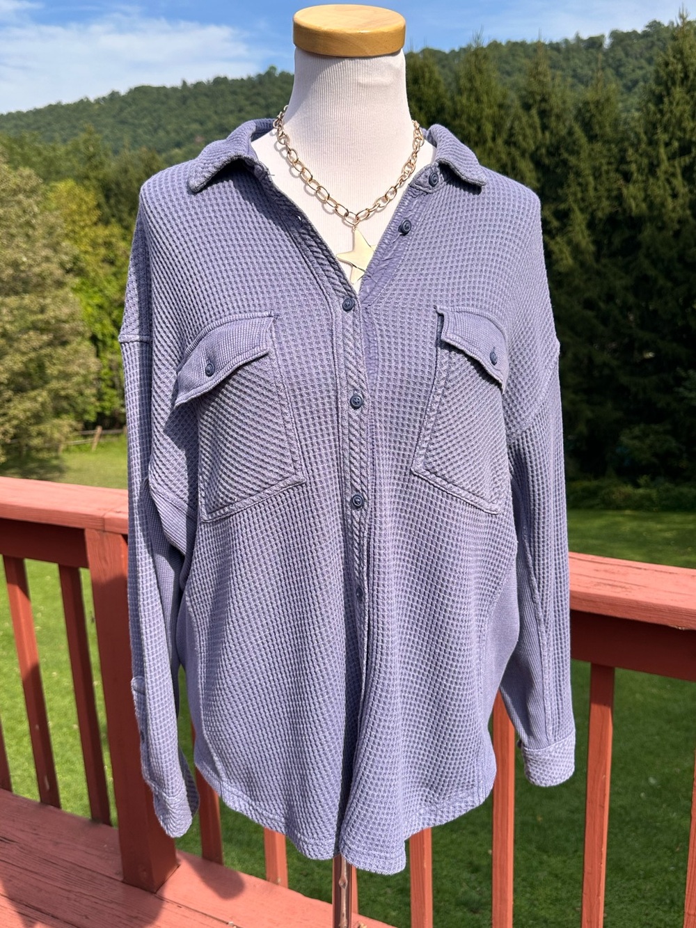 aerie Lumberjane Waffle Knit Button-Front
Shirt Jacket in Denim Blue
